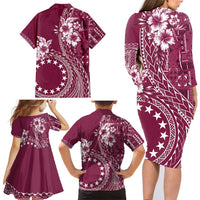 Kia Orana Cook Islands Family Matching Long Sleeve Bodycon Dress and Hawaiian Shirt Tiare and Stars - Maroon LT7 - Polynesian Pride