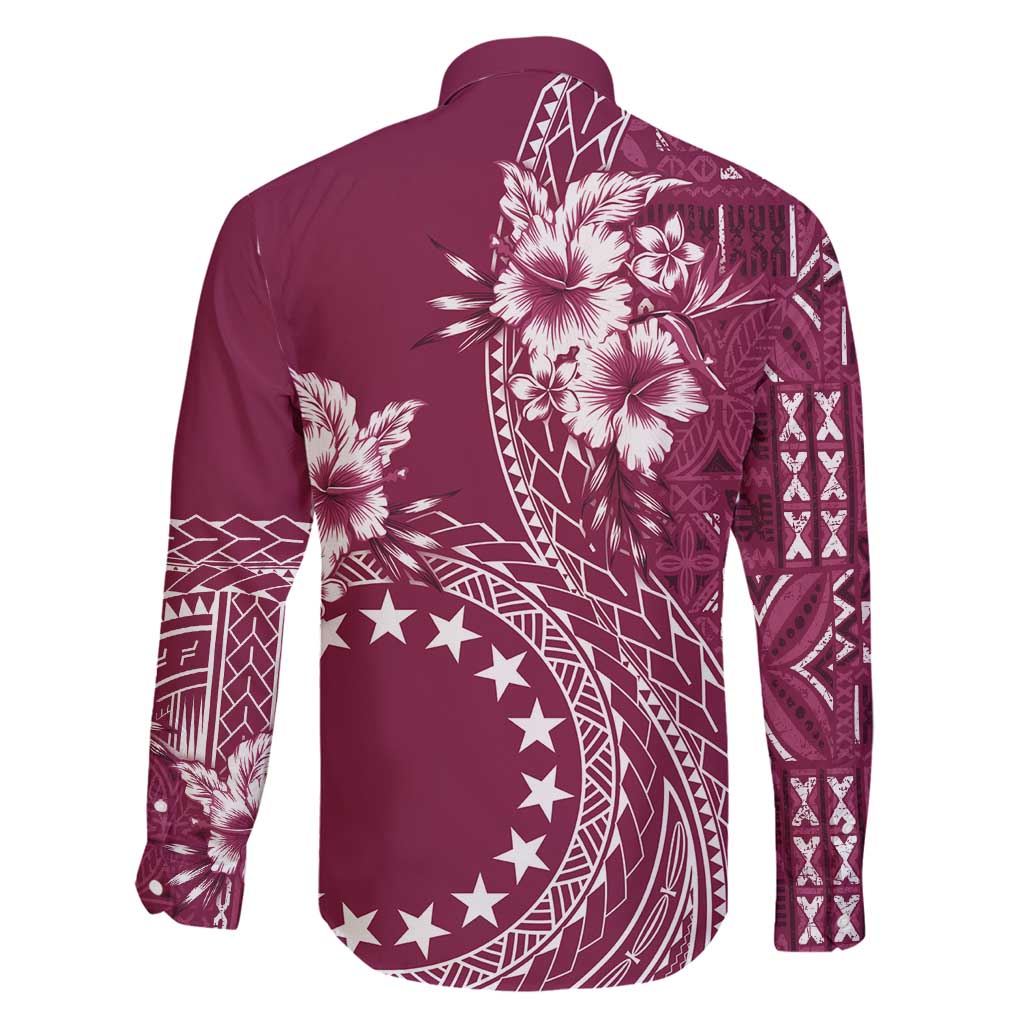 Kia Orana Cook Islands Family Matching Long Sleeve Bodycon Dress and Hawaiian Shirt Tiare and Stars - Maroon LT7 - Polynesian Pride