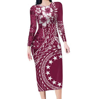 Kia Orana Cook Islands Family Matching Long Sleeve Bodycon Dress and Hawaiian Shirt Tiare and Stars - Maroon LT7 Mom's Dress Maroon - Polynesian Pride