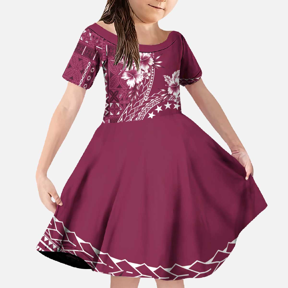 Kia Orana Cook Islands Family Matching Off The Shoulder Long Sleeve Dress and Hawaiian Shirt Tiare and Stars - Maroon LT7 Daughter's Dress Maroon - Polynesian Pride