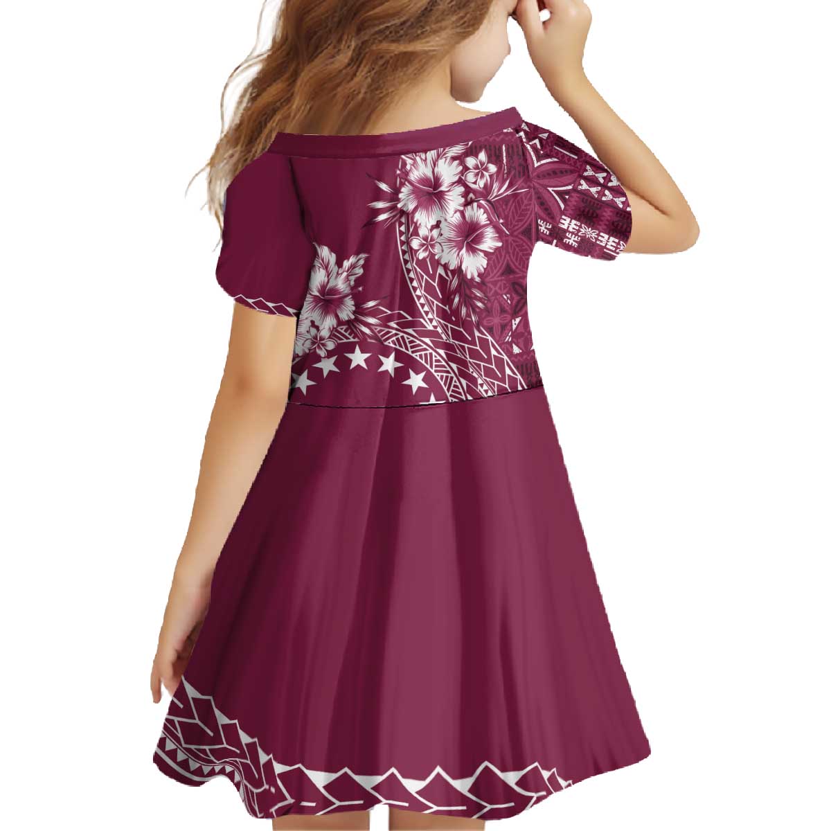 Kia Orana Cook Islands Family Matching Off The Shoulder Long Sleeve Dress and Hawaiian Shirt Tiare and Stars - Maroon LT7 - Polynesian Pride