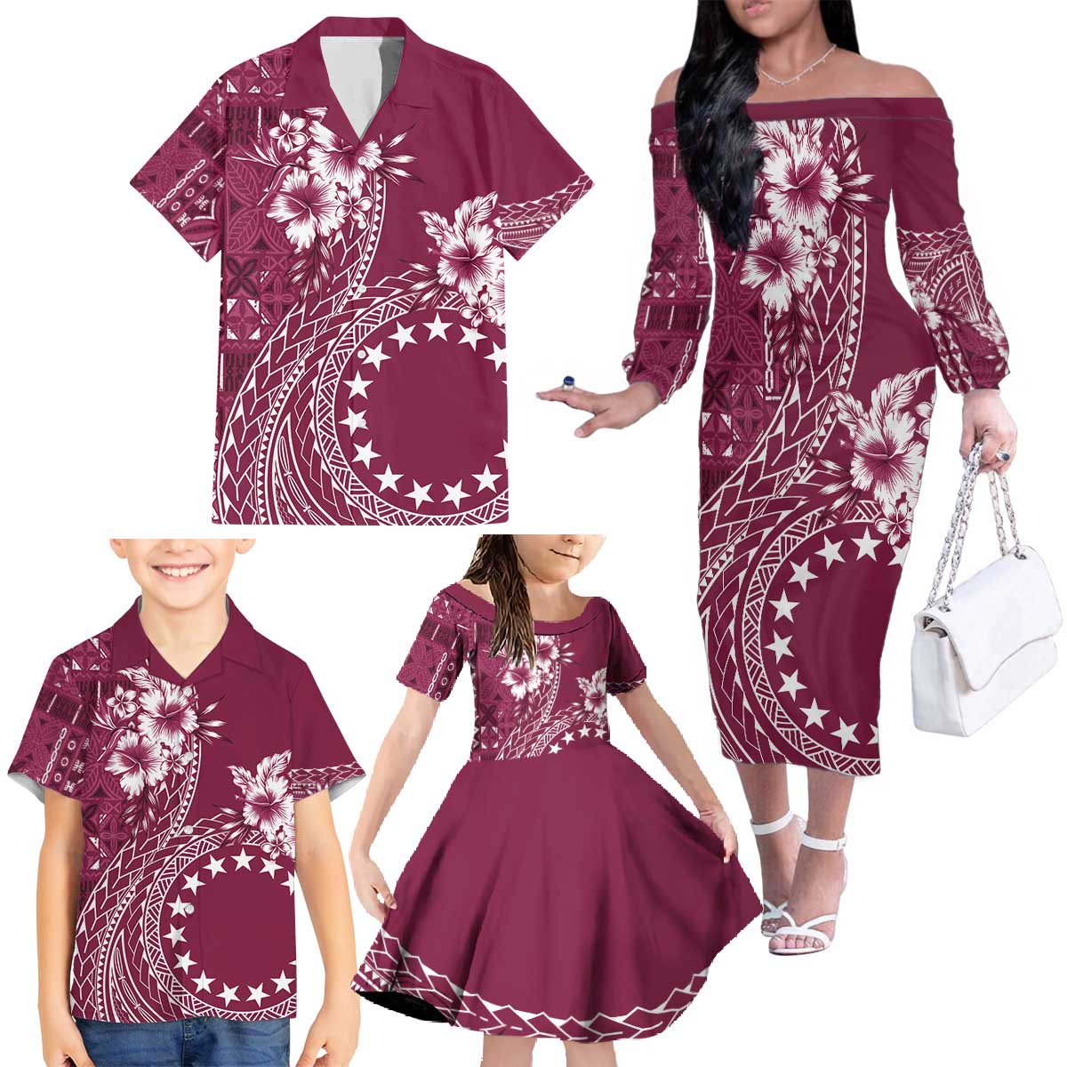 Kia Orana Cook Islands Family Matching Off The Shoulder Long Sleeve Dress and Hawaiian Shirt Tiare and Stars - Maroon LT7 - Polynesian Pride