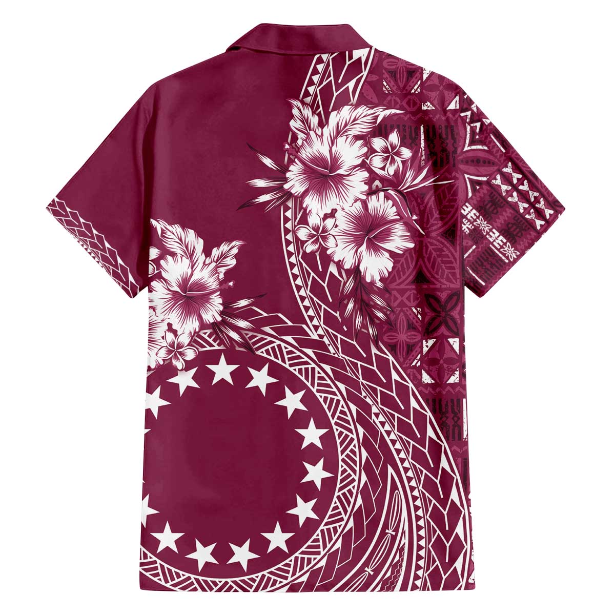 Kia Orana Cook Islands Family Matching Off The Shoulder Long Sleeve Dress and Hawaiian Shirt Tiare and Stars - Maroon LT7 - Polynesian Pride