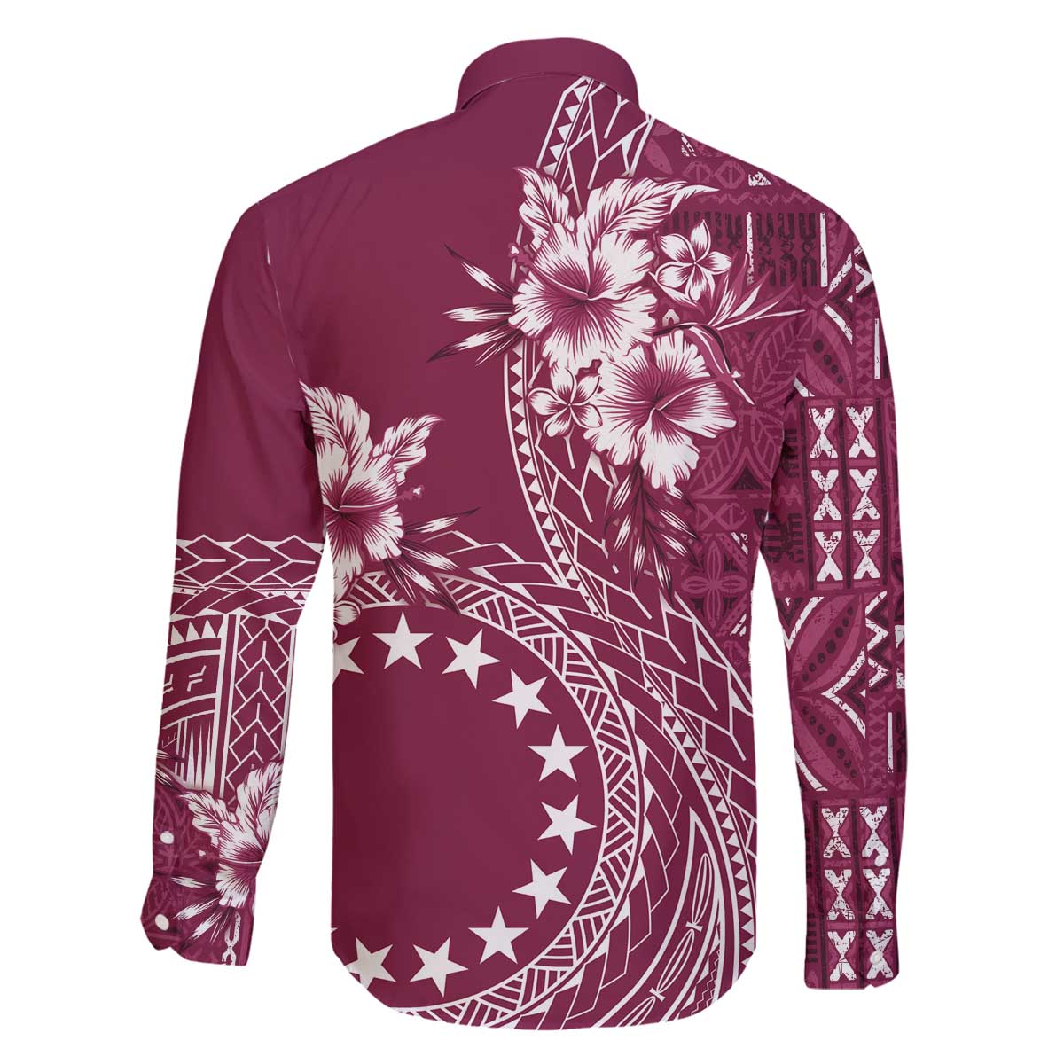 Kia Orana Cook Islands Family Matching Off The Shoulder Long Sleeve Dress and Hawaiian Shirt Tiare and Stars - Maroon LT7 - Polynesian Pride