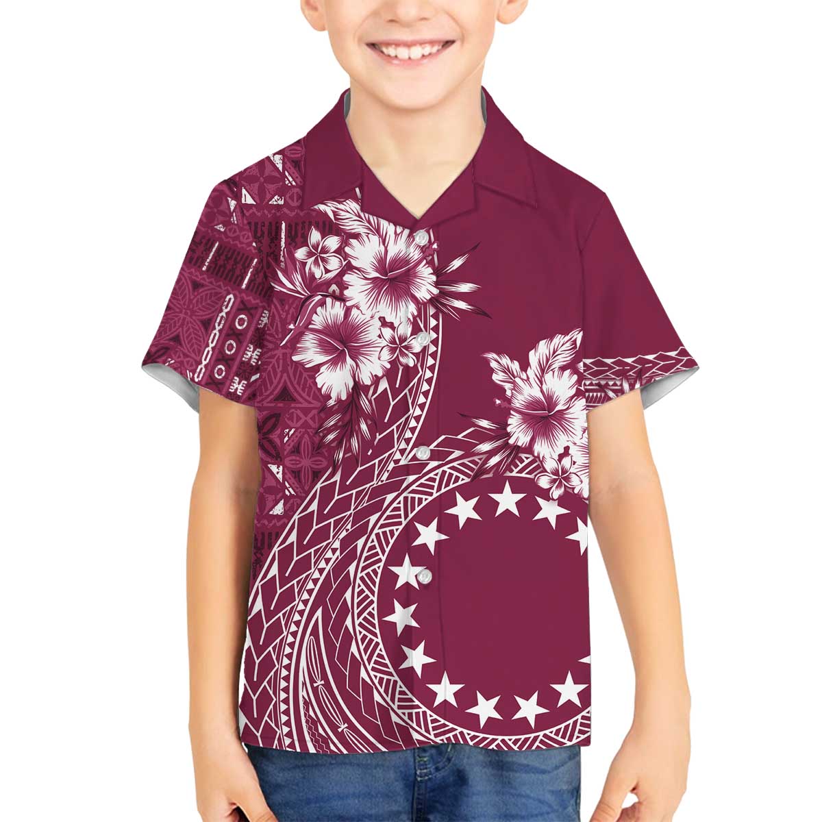 Kia Orana Cook Islands Family Matching Off The Shoulder Long Sleeve Dress and Hawaiian Shirt Tiare and Stars - Maroon LT7 Son's Shirt Maroon - Polynesian Pride