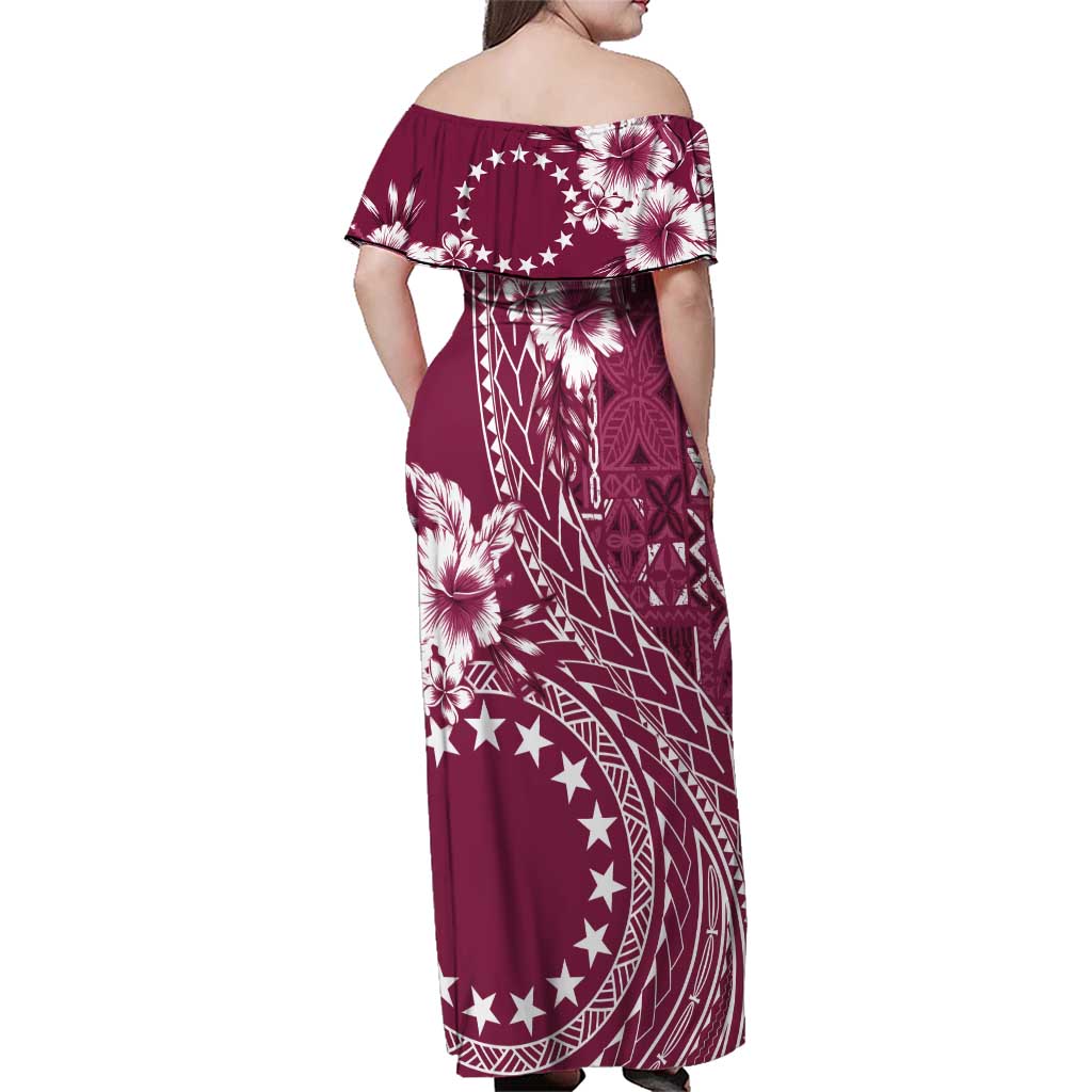 Kia Orana Cook Islands Family Matching Off Shoulder Maxi Dress and Hawaiian Shirt Tiare and Stars - Maroon LT7 - Polynesian Pride