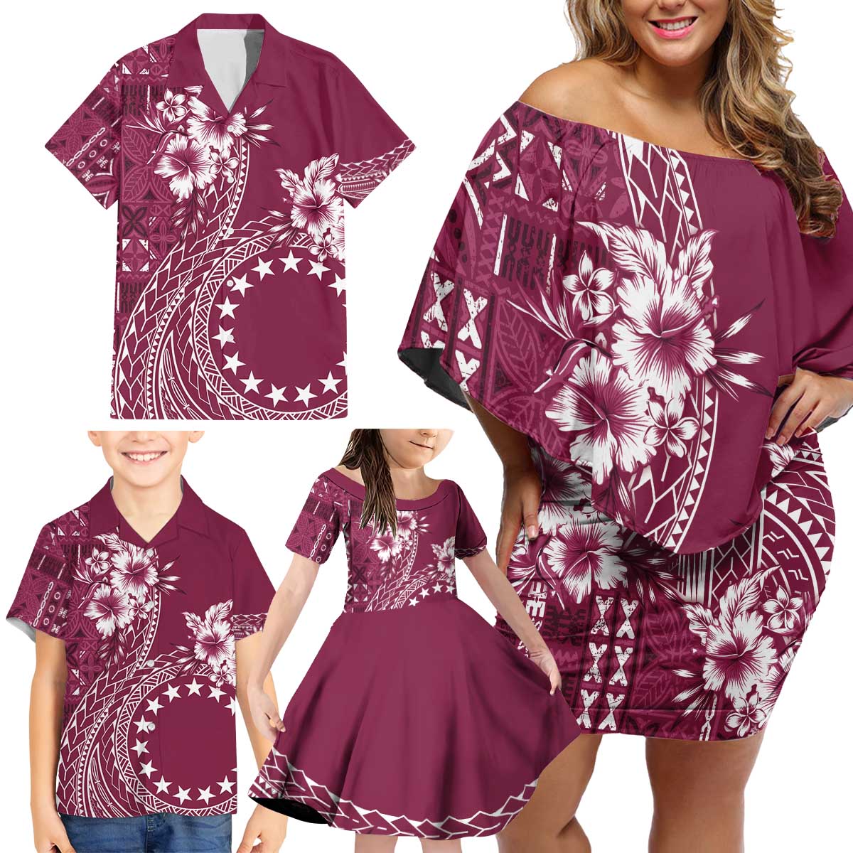 Kia Orana Cook Islands Family Matching Off Shoulder Short Dress and Hawaiian Shirt Tiare and Stars - Maroon LT7 - Polynesian Pride