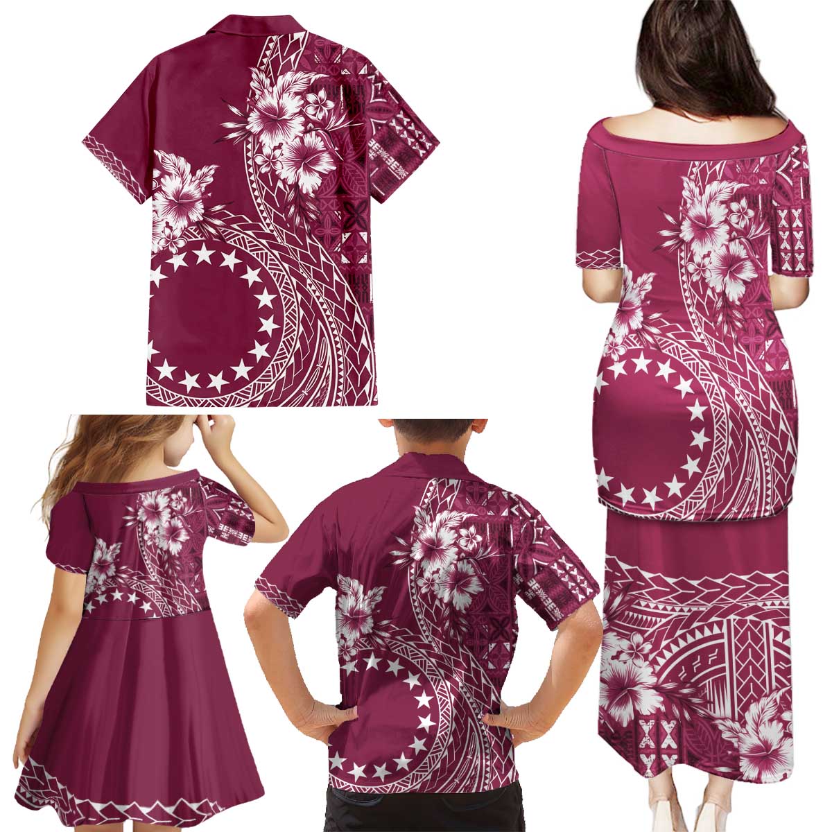 Kia Orana Cook Islands Family Matching Puletasi and Hawaiian Shirt Tiare and Stars - Maroon LT7 - Polynesian Pride