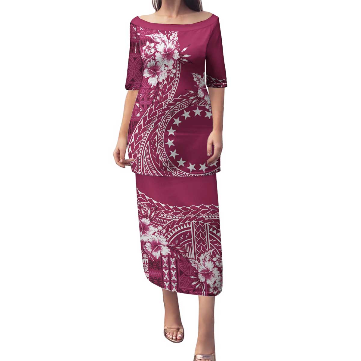 Kia Orana Cook Islands Family Matching Puletasi and Hawaiian Shirt Tiare and Stars - Maroon LT7 Mom's Dress Maroon - Polynesian Pride