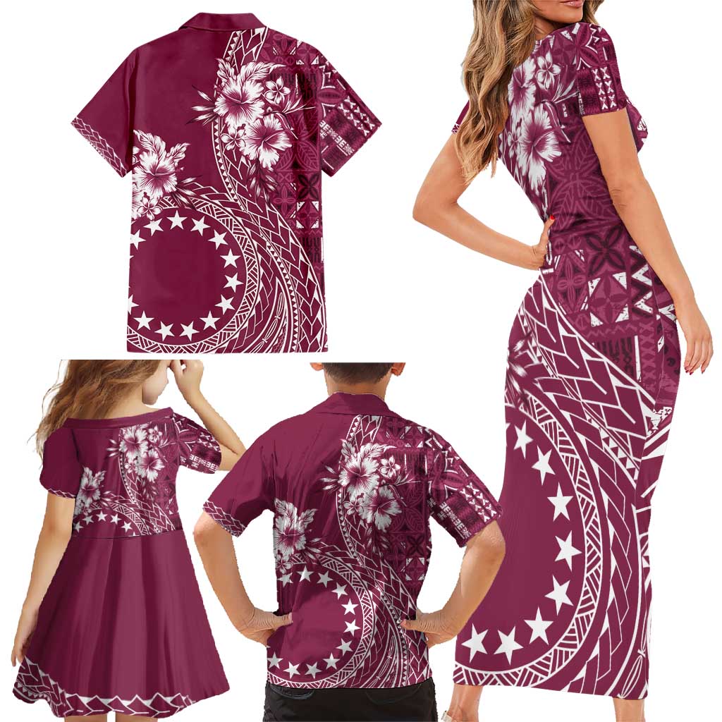 Kia Orana Cook Islands Family Matching Short Sleeve Bodycon Dress and Hawaiian Shirt Tiare and Stars - Maroon LT7 - Polynesian Pride