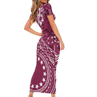 Kia Orana Cook Islands Family Matching Short Sleeve Bodycon Dress and Hawaiian Shirt Tiare and Stars - Maroon LT7 - Polynesian Pride