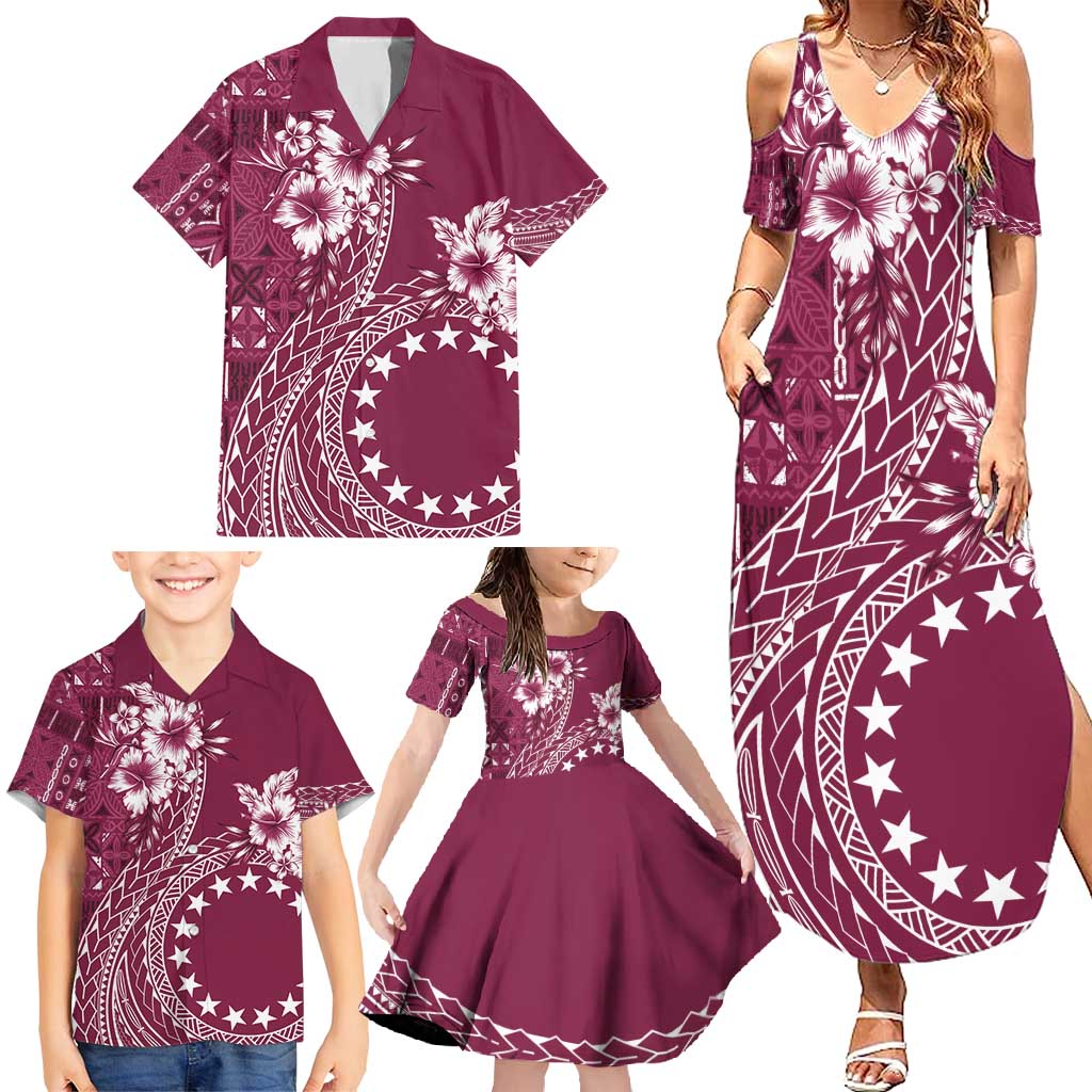 Kia Orana Cook Islands Family Matching Summer Maxi Dress and Hawaiian Shirt Tiare and Stars - Maroon LT7 - Polynesian Pride