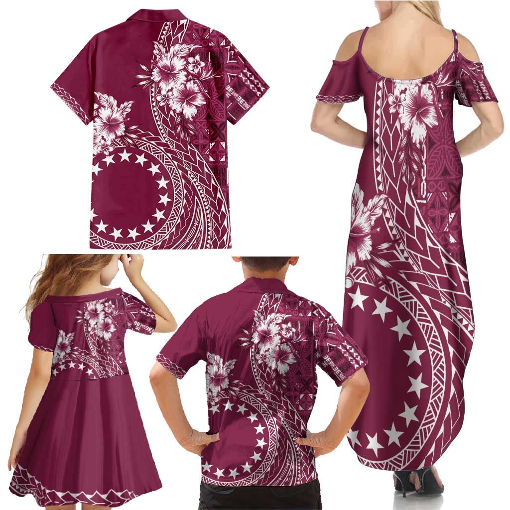 Kia Orana Cook Islands Family Matching Summer Maxi Dress and Hawaiian Shirt Tiare and Stars - Maroon LT7 - Polynesian Pride