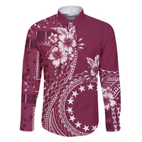 Kia Orana Cook Islands Family Matching Summer Maxi Dress and Hawaiian Shirt Tiare and Stars - Maroon LT7 Dad's Shirt - Long Sleeve Maroon - Polynesian Pride