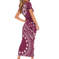 Kia Orana Cook Islands Short Sleeve Bodycon Dress Tiare and Stars - Maroon