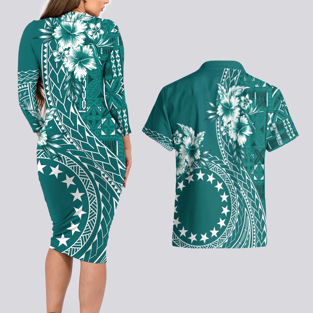 Kia Orana Cook Islands Couples Matching Long Sleeve Bodycon Dress and Hawaiian Shirt Tiare and Stars - Teal LT7 - Polynesian Pride