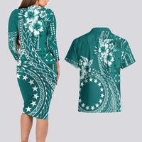 Kia Orana Cook Islands Couples Matching Long Sleeve Bodycon Dress and Hawaiian Shirt Tiare and Stars - Teal LT7 - Polynesian Pride