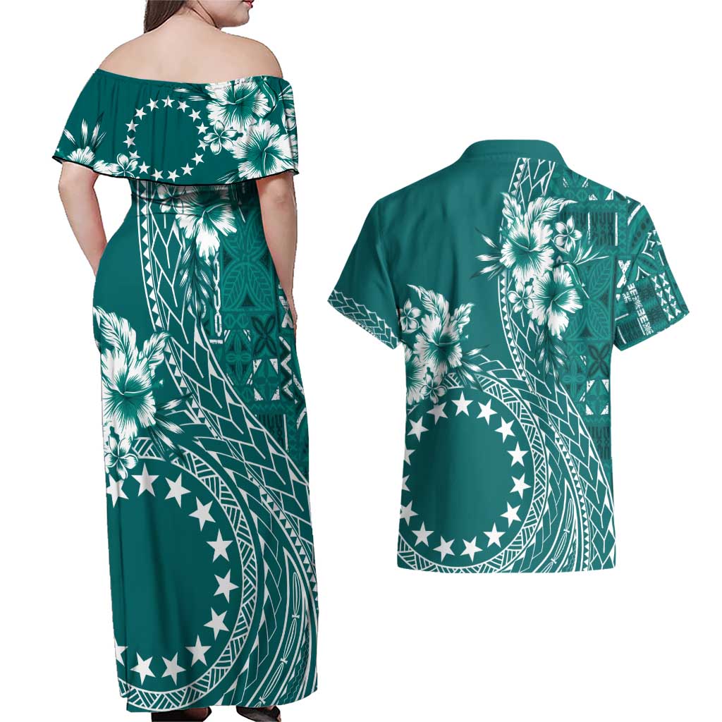Kia Orana Cook Islands Couples Matching Off Shoulder Maxi Dress and Hawaiian Shirt Tiare and Stars - Teal LT7 - Polynesian Pride