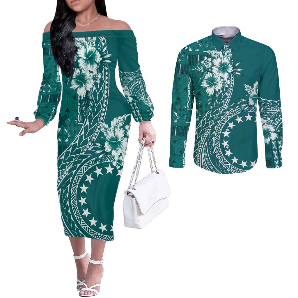 Kia Orana Cook Islands Couples Matching Off The Shoulder Long Sleeve Dress and Long Sleeve Button Shirt Tiare and Stars - Teal LT7 Teal - Polynesian Pride