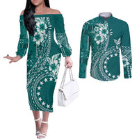 Kia Orana Cook Islands Couples Matching Off The Shoulder Long Sleeve Dress and Long Sleeve Button Shirt Tiare and Stars - Teal LT7 Teal - Polynesian Pride