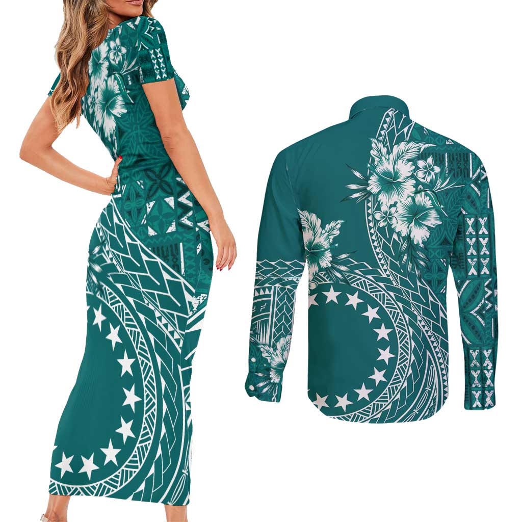 Kia Orana Cook Islands Couples Matching Short Sleeve Bodycon Dress and Long Sleeve Button Shirt Tiare and Stars - Teal LT7 - Polynesian Pride
