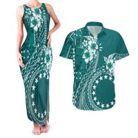 Kia Orana Cook Islands Couples Matching Tank Maxi Dress and Hawaiian Shirt Tiare and Stars - Teal LT7 Teal - Polynesian Pride
