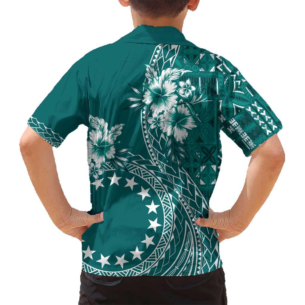 Kia Orana Cook Islands Family Matching Long Sleeve Bodycon Dress and Hawaiian Shirt Tiare and Stars - Teal LT7 - Polynesian Pride