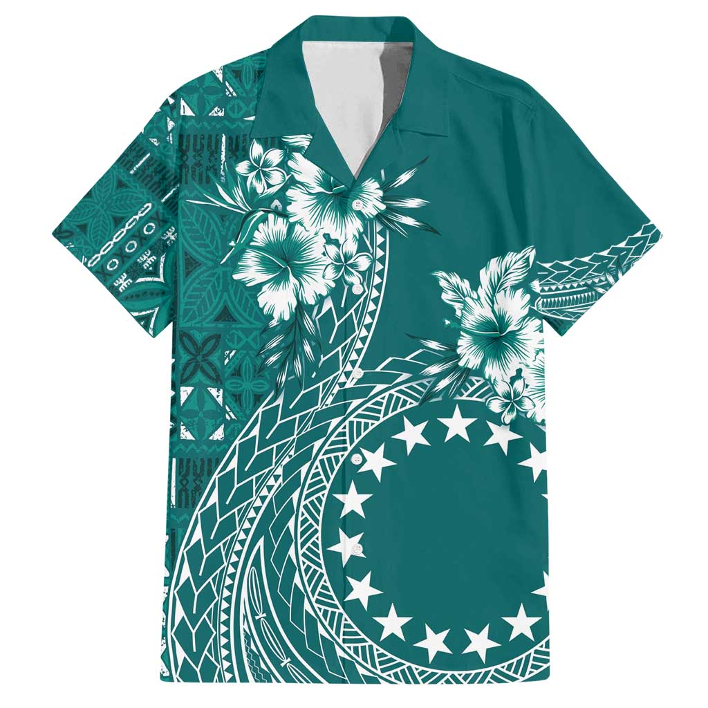 Kia Orana Cook Islands Family Matching Long Sleeve Bodycon Dress and Hawaiian Shirt Tiare and Stars - Teal LT7 Dad's Shirt - Short Sleeve Teal - Polynesian Pride