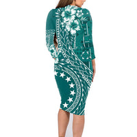 Kia Orana Cook Islands Family Matching Long Sleeve Bodycon Dress and Hawaiian Shirt Tiare and Stars - Teal LT7 - Polynesian Pride
