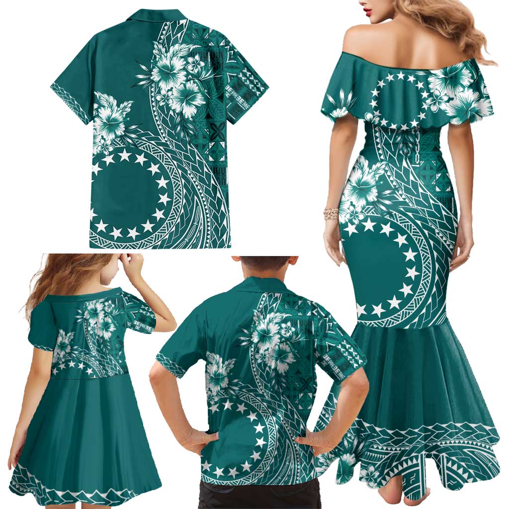 Kia Orana Cook Islands Family Matching Mermaid Dress and Hawaiian Shirt Tiare and Stars - Teal LT7 - Polynesian Pride