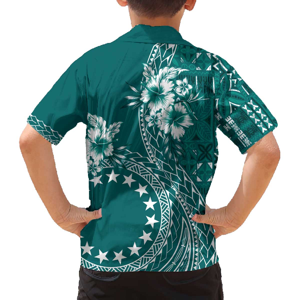 Kia Orana Cook Islands Family Matching Off The Shoulder Long Sleeve Dress and Hawaiian Shirt Tiare and Stars - Teal LT7 - Polynesian Pride
