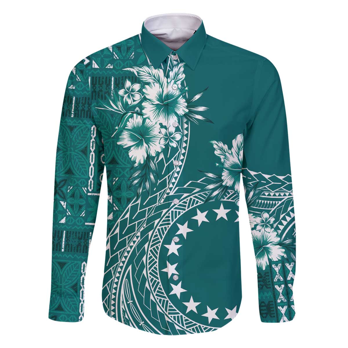 Kia Orana Cook Islands Family Matching Off The Shoulder Long Sleeve Dress and Hawaiian Shirt Tiare and Stars - Teal LT7 Dad's Shirt - Long Sleeve Teal - Polynesian Pride