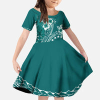 Kia Orana Cook Islands Family Matching Off Shoulder Maxi Dress and Hawaiian Shirt Tiare and Stars - Teal LT7 Daughter's Dress Teal - Polynesian Pride