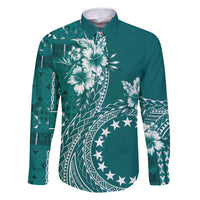 Kia Orana Cook Islands Family Matching Off Shoulder Maxi Dress and Hawaiian Shirt Tiare and Stars - Teal LT7 Dad's Shirt - Long Sleeve Teal - Polynesian Pride