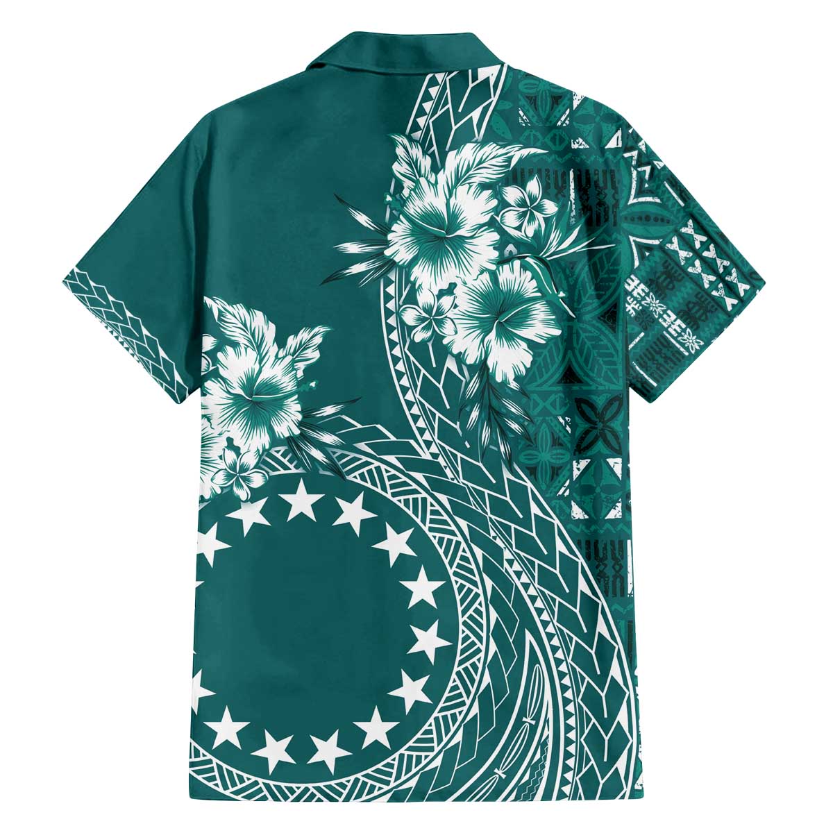 Kia Orana Cook Islands Family Matching Off Shoulder Short Dress and Hawaiian Shirt Tiare and Stars - Teal LT7 - Polynesian Pride