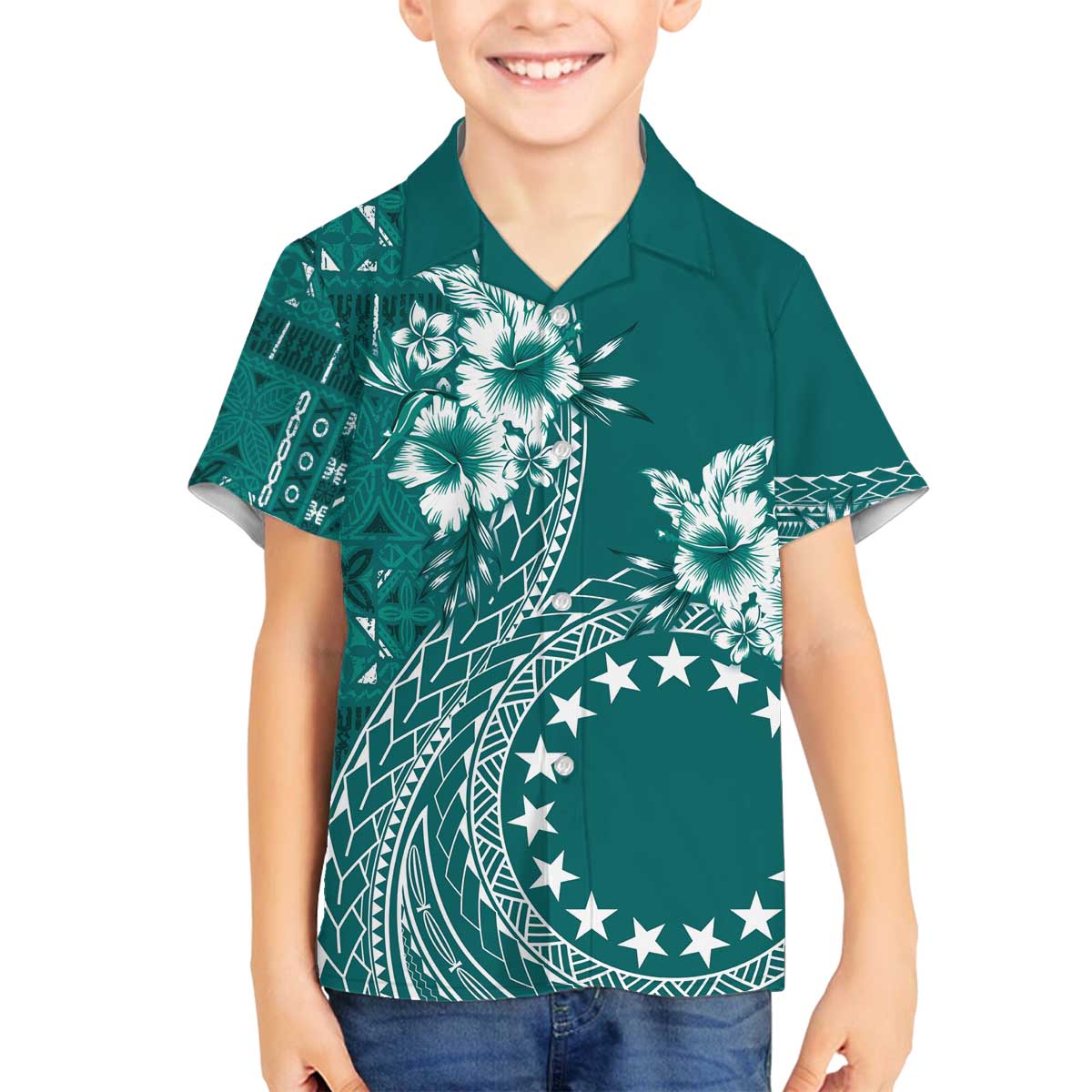 Kia Orana Cook Islands Family Matching Off Shoulder Short Dress and Hawaiian Shirt Tiare and Stars - Teal LT7 Son's Shirt Teal - Polynesian Pride
