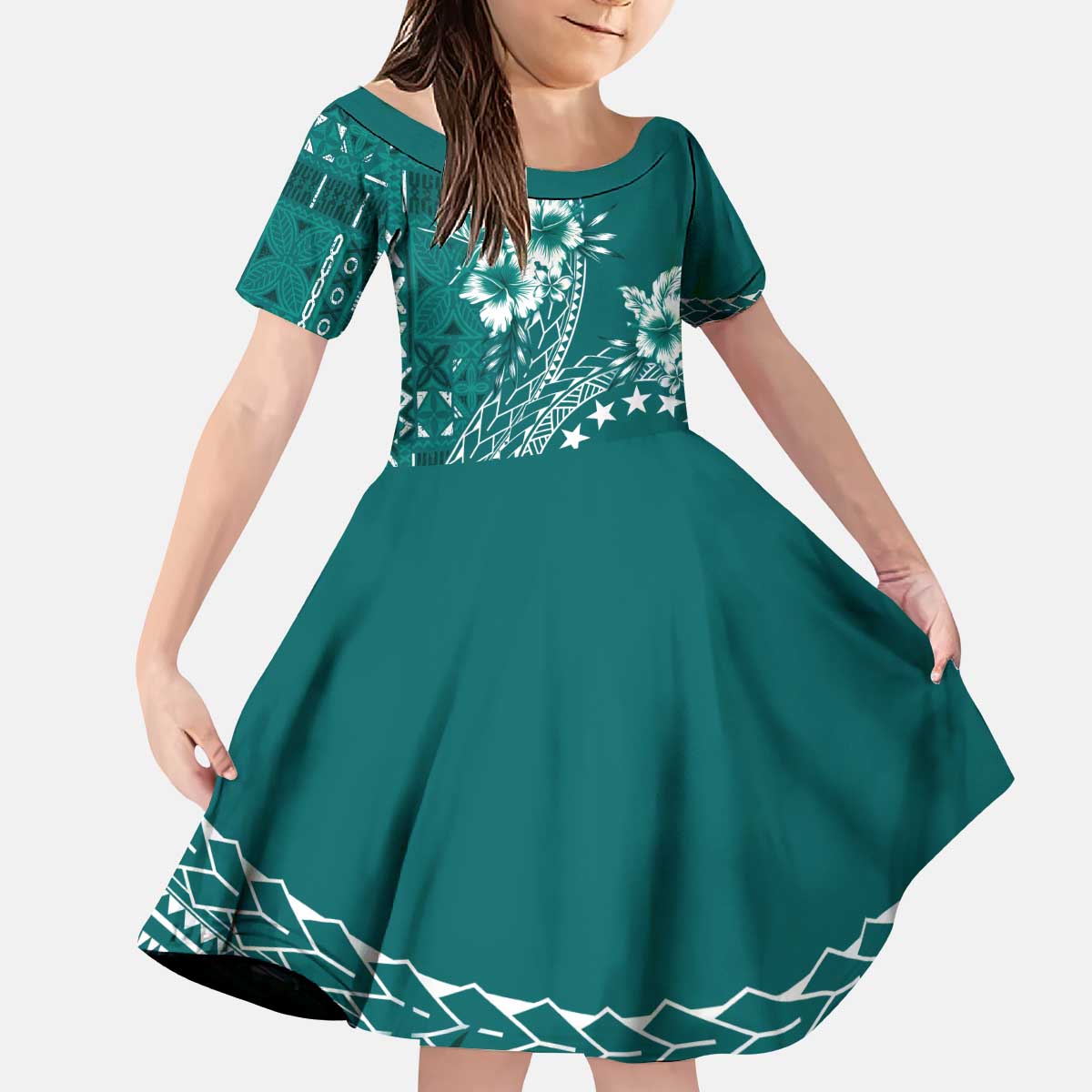 Kia Orana Cook Islands Family Matching Puletasi and Hawaiian Shirt Tiare and Stars - Teal LT7 Daughter's Dress Teal - Polynesian Pride