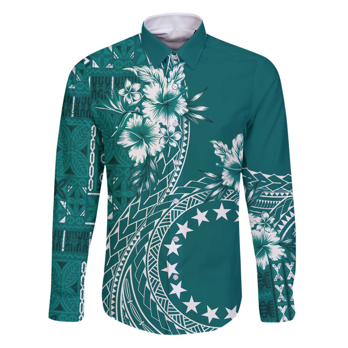 Kia Orana Cook Islands Family Matching Puletasi and Hawaiian Shirt Tiare and Stars - Teal LT7 Dad's Shirt - Long Sleeve Teal - Polynesian Pride