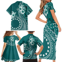 Kia Orana Cook Islands Family Matching Short Sleeve Bodycon Dress and Hawaiian Shirt Tiare and Stars - Teal LT7 - Polynesian Pride