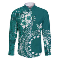 Kia Orana Cook Islands Family Matching Short Sleeve Bodycon Dress and Hawaiian Shirt Tiare and Stars - Teal LT7 Dad's Shirt - Long Sleeve Teal - Polynesian Pride