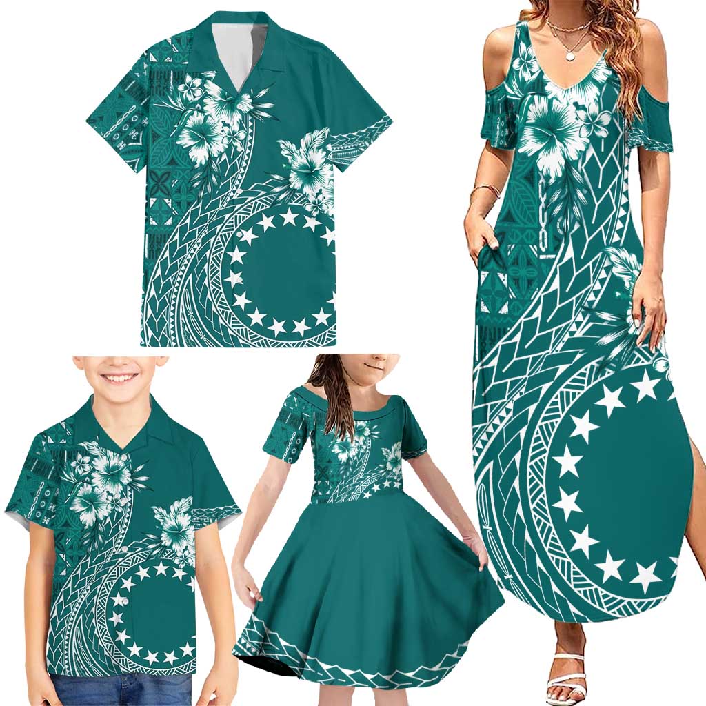 Kia Orana Cook Islands Family Matching Summer Maxi Dress and Hawaiian Shirt Tiare and Stars - Teal LT7 - Polynesian Pride