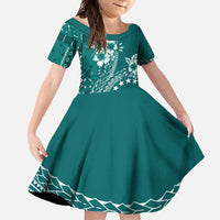 Kia Orana Cook Islands Family Matching Tank Maxi Dress and Hawaiian Shirt Tiare and Stars - Teal LT7 Daughter's Dress Teal - Polynesian Pride
