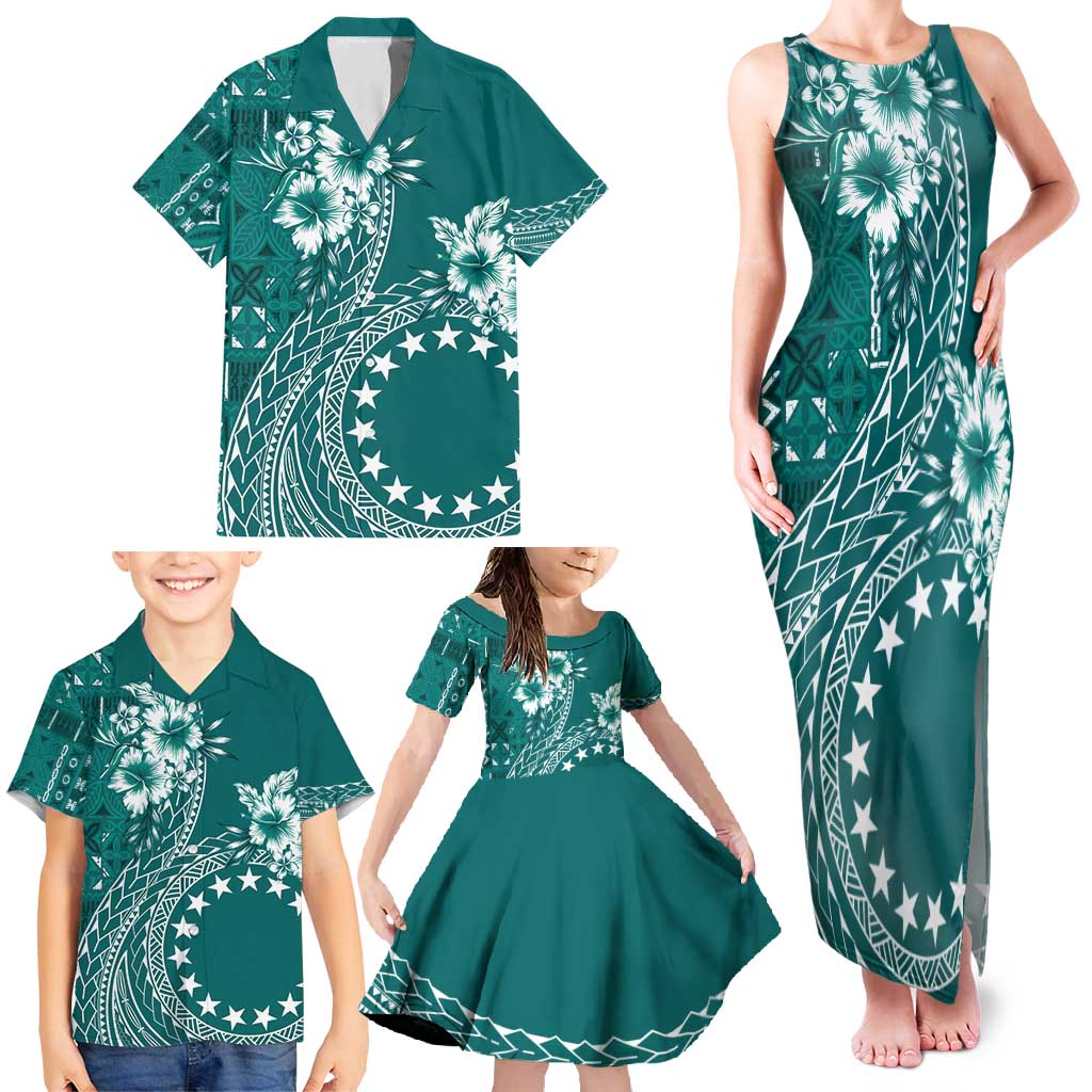 Kia Orana Cook Islands Family Matching Tank Maxi Dress and Hawaiian Shirt Tiare and Stars - Teal LT7 - Polynesian Pride