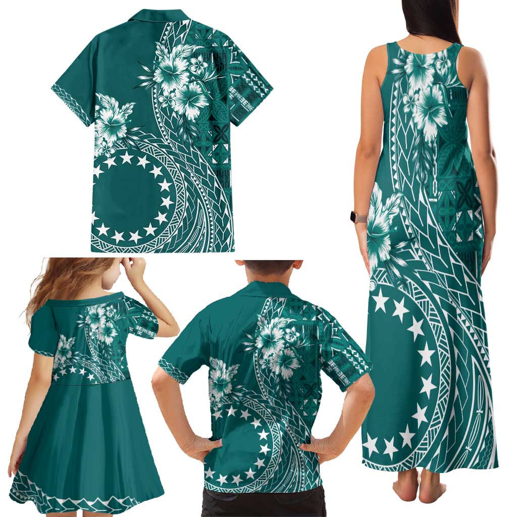 Kia Orana Cook Islands Family Matching Tank Maxi Dress and Hawaiian Shirt Tiare and Stars - Teal LT7 - Polynesian Pride