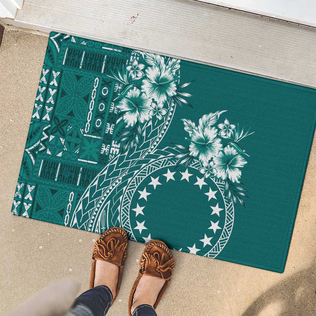 Kia Orana Cook Islands Rubber Doormat Tiare and Stars - Teal