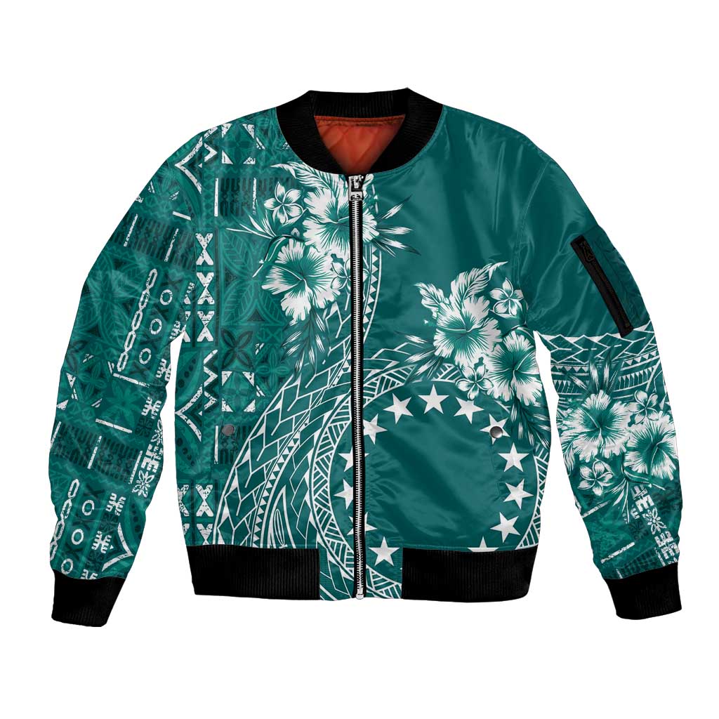 Kia Orana Cook Islands Sleeve Zip Bomber Jacket Tiare and Stars - Teal LT7 Unisex Teal - Polynesian Pride