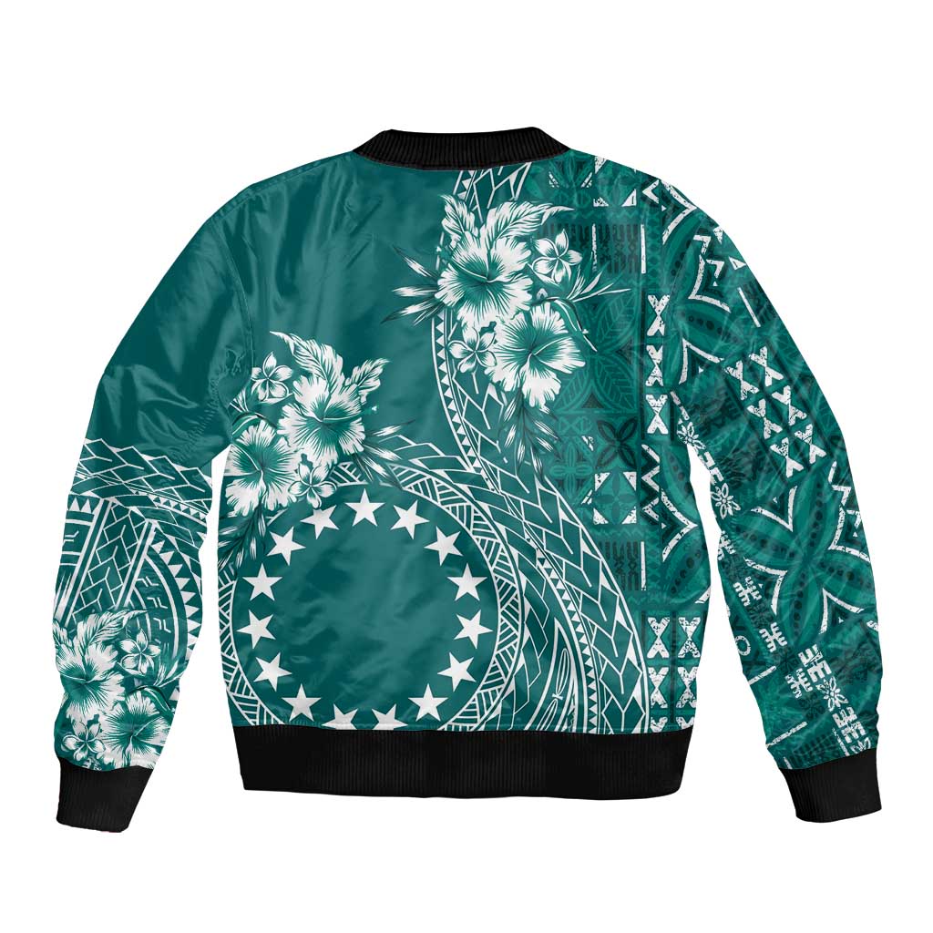 Kia Orana Cook Islands Sleeve Zip Bomber Jacket Tiare and Stars - Teal LT7 - Polynesian Pride