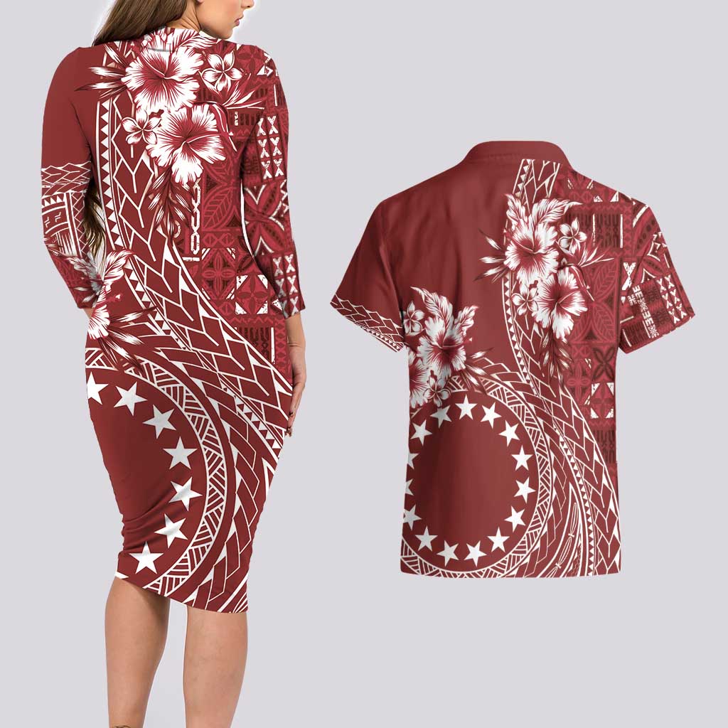 Kia Orana Cook Islands Couples Matching Long Sleeve Bodycon Dress and Hawaiian Shirt Tiare and Stars - Scarlet LT7 - Polynesian Pride