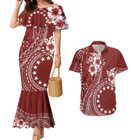 Kia Orana Cook Islands Couples Matching Mermaid Dress and Hawaiian Shirt Tiare and Stars - Scarlet LT7 Red - Polynesian Pride