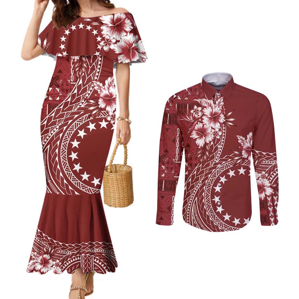 Kia Orana Cook Islands Couples Matching Mermaid Dress and Long Sleeve Button Shirt Tiare and Stars - Scarlet LT7 Red - Polynesian Pride